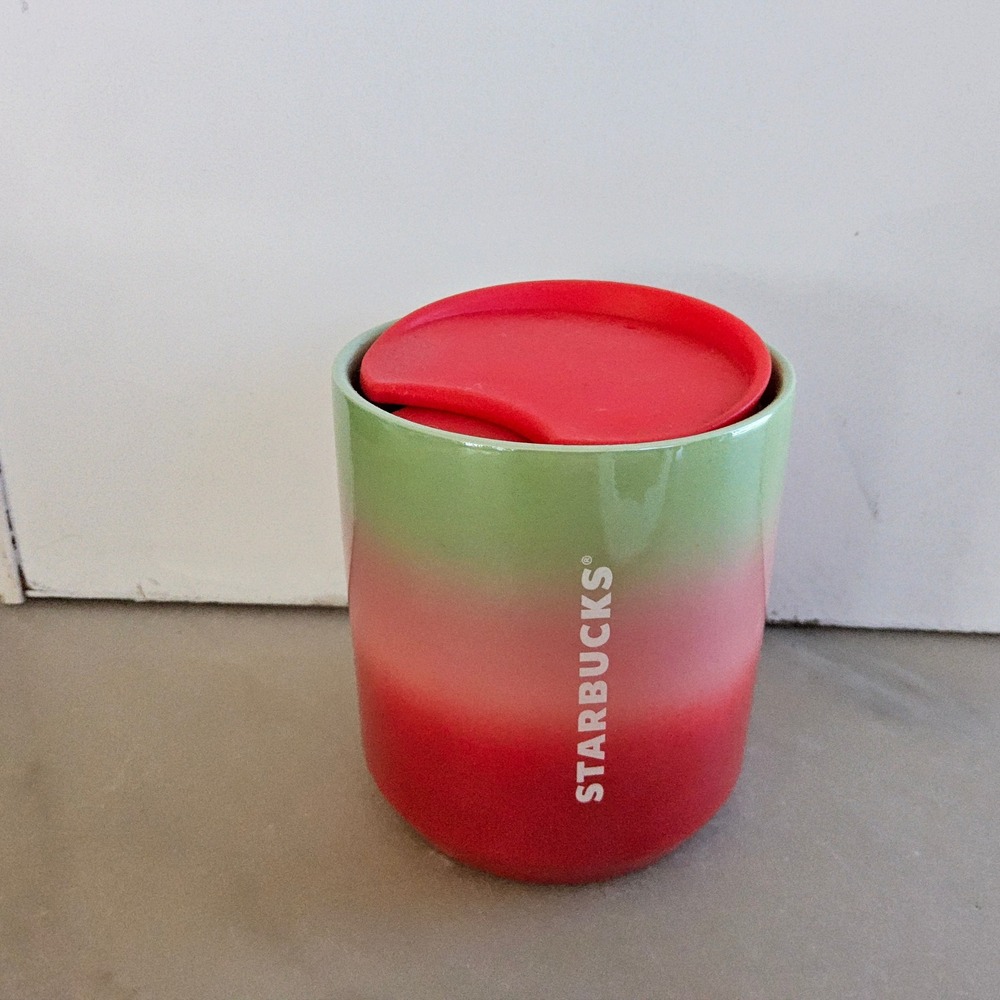 Starbucks Ceramic Coffee Mug Tumbler Red‎ Green Ombre 8 oz with Lid
